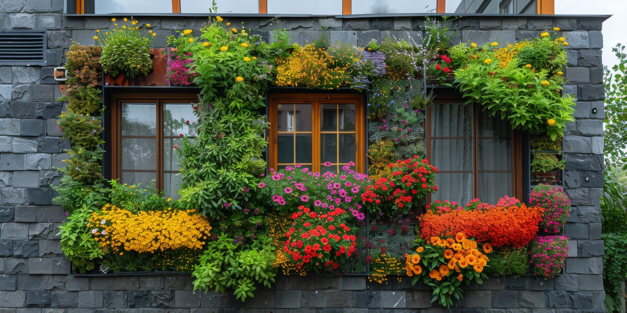 brick building with floweradorned window in orange, yellow, and green