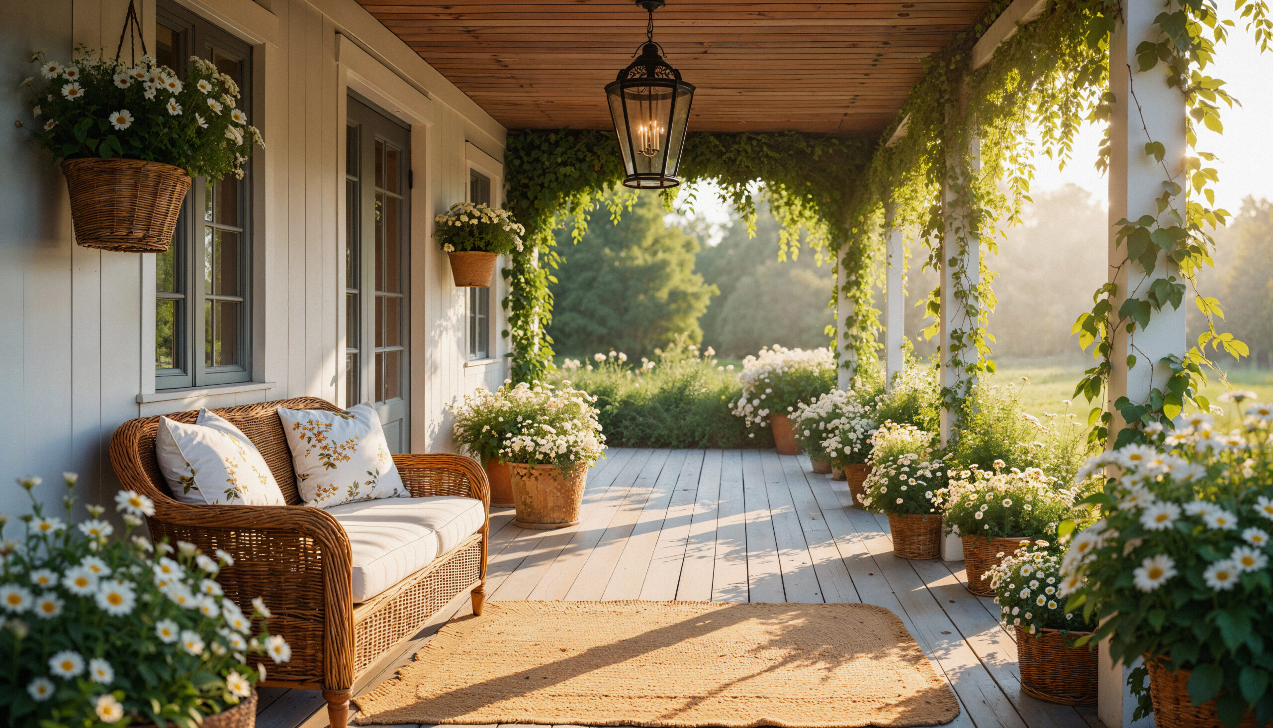 uroczy ganek z kwiatami i przytulnymi siedzeniami